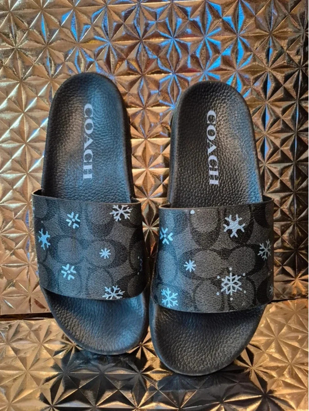 Coach Women's Black Slides Size 9 with Snowflake Design